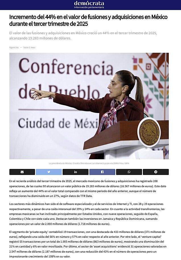 Incremento del 44% en el valor de fusiones y adquisiciones en M�xico durante el tercer trimestre de 2025